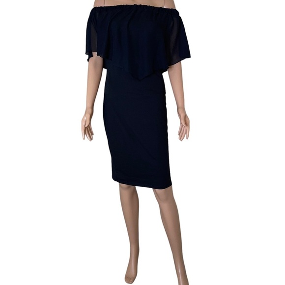 French Atmosphere dress black body con chiffon ruffle top off the shoulder SZ L - Picture 4 of 11